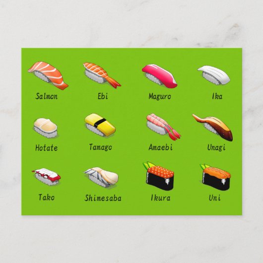 Sushi-grafieksoorten schattig Japans sushi-voedsel Briefkaart (Voorkant)