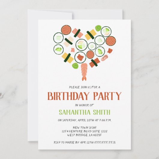 Sushi Heart Birthday Party Invitation Kaart (Voorkant)