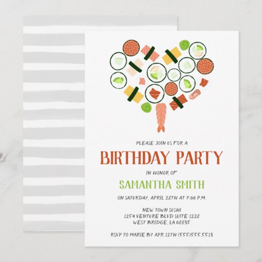 Sushi Heart Birthday Party Invitation Kaart (Voorkant / Achterkant)