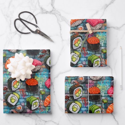 Sushi Inpakpapier Platte Vellen Set van 3 (Voorkant)