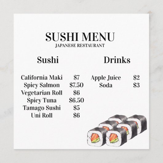 Sushi Japans eten Menu (Achterkant)