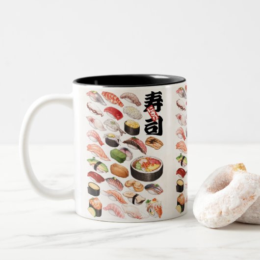 Sushi Japans voedselhandboek getekende illustratie Tweekleurige Koffiemok (Met donut)