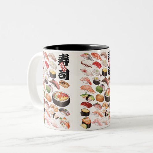 Sushi Japans voedselhandboek getekende illustratie Tweekleurige Koffiemok (Voorkant links)