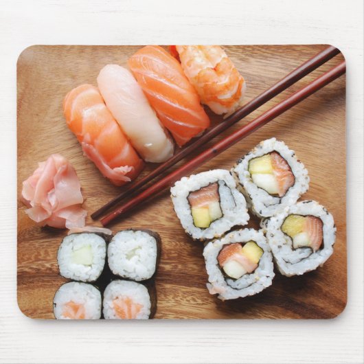 Sushi - Japonese levensmiddelen (op een houten bor Muismat (Voorkant)