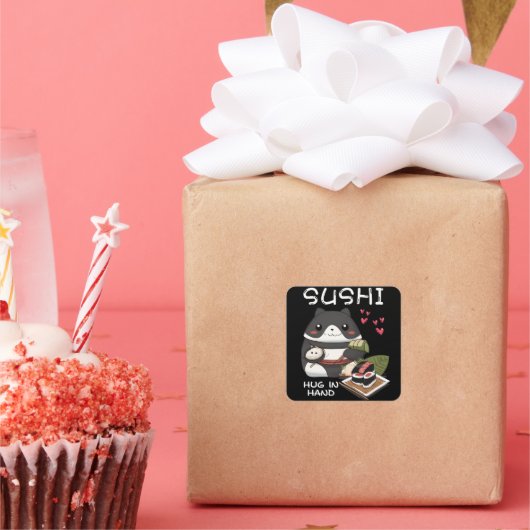 Sushi knuffel in hand vierkante sticker (Feest)