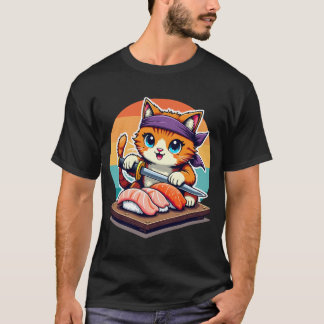 Sushi Master Cat met Zonsondergang met Katana mes T-shirt
