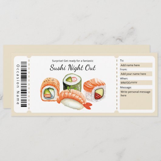 Sushi Night Out Cadeaubon voor Sushi Lover Kaart (Voorkant / Achterkant)