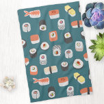 Sushi Nigiri Maki Roll Pattern Theedoek<br><div class="desc">Japans sushi food art patroon op een blauwgroen groene achtergrond om de keuken op te fleuren. Originele versie door Nic Squirrell.</div>