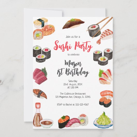 Sushi Party Birthday Invitation Kaart (Voorkant)