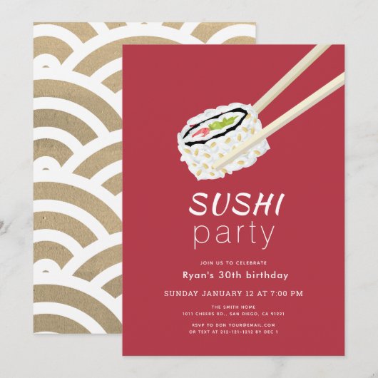 Sushi Party Eenvoudige Bourgogne & Gouden Verjaard Kaart (Voorkant / Achterkant)