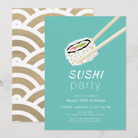 Sushi Party Eenvoudige Turquoise & Gouden Verjaard Kaart (Voorkant / Achterkant)