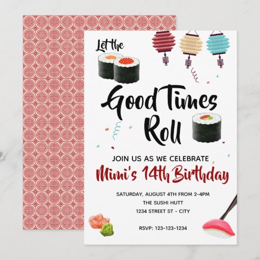 Sushi Party Invite, Birthday Kaart (Voorkant / Achterkant)