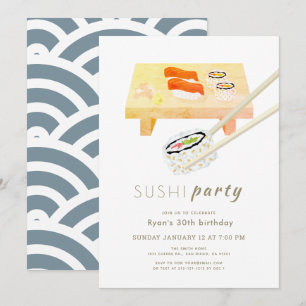Sushi Party Modern White & Blue Birthday Kaart