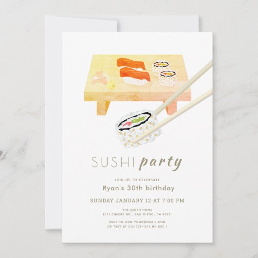 Sushi Party Modern Wit & Goud Verjaardag Kaart (Voorkant)