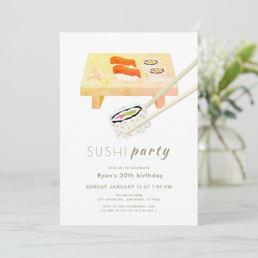 Sushi Party Modern Wit & Goud Verjaardag Kaart (Staand voorkant)