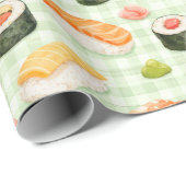 Sushi Patroon op Lichtgroene Raster Cadeaupapier (Rol Hoek)