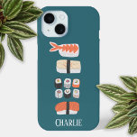 Sushi Persoonlijk iPhone 15 Case<br><div class="desc">Gepersonaliseerde Japanse sushi,  maki roll en nigiri food art. Bescherm en maak je telefoon fantastisch op hetzelfde moment. Originele kunst van Nic Squirrell. Wijzig of verwijder de aan te passen naam.</div>