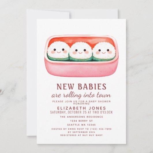 Sushi Rice Ball Kawaii Triplets Baby shower Kaart (Voorkant)