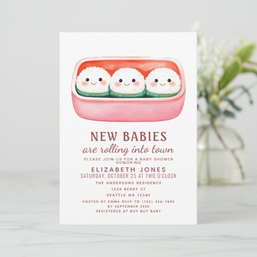 Sushi Rice Ball Kawaii Triplets Baby shower Kaart (Staand voorkant)
