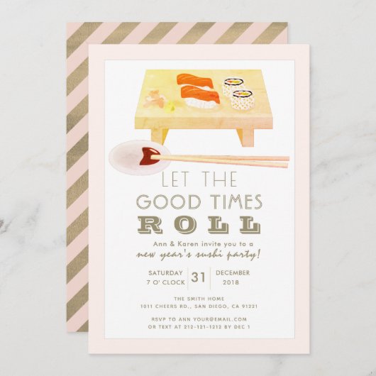 Sushi Rol Roze Nieuwjaarsfeest Uitnodiging (Voorkant / Achterkant)