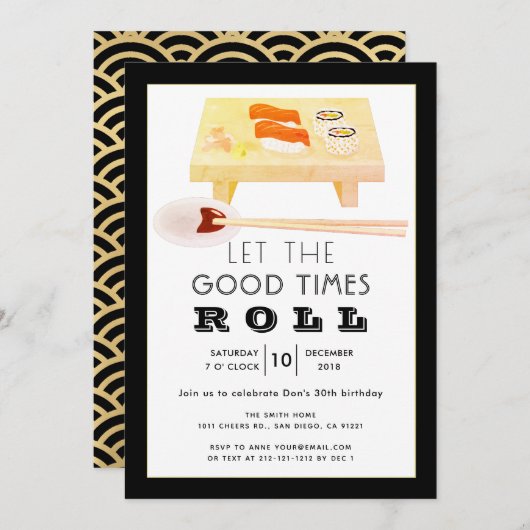 Sushi Roll Black verjaardagsfeestje uitnodiging (Voorkant / Achterkant)