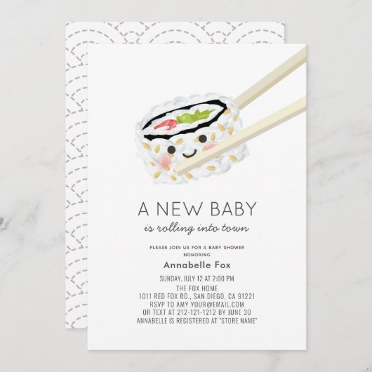 Sushi Roll Kawaii Baby shower Uitnodiging (Voorkant / Achterkant)