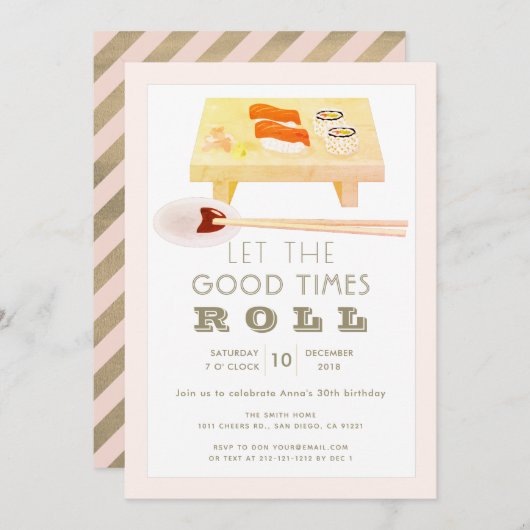 Sushi Roll Roze Verjaardag Party Uitnodiging (Voorkant / Achterkant)