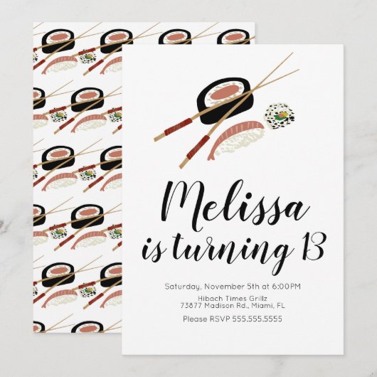 Sushi Roll Salmon Teen Birthday Hibachi Kaart (Voorkant / Achterkant)