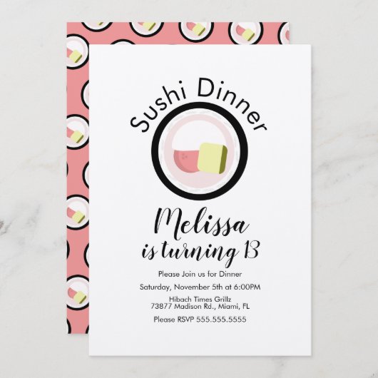 Sushi Roll Salmon Teen Birthday Restaurant Kraft Kaart (Voorkant / Achterkant)