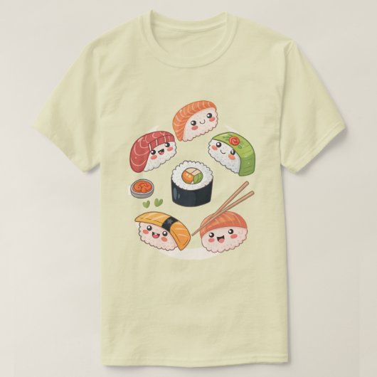 Sushi Roll Squad: Schattigee Kawaii Chibi-personag T-shirt (Design voorkant)