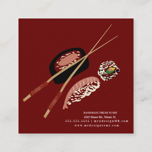 Sushi Rolls Chopstick Burgandy Restaurant Logo Vierkante Visitekaartje (Achterkant)