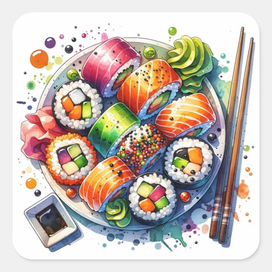 Sushi Rolls Fun Food Vierkante Sticker (Voorkant)