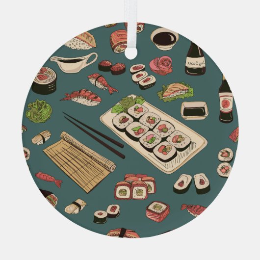 Sushi Rolls: Gekleurd naadloos . Glas Ornament (Achterkant)