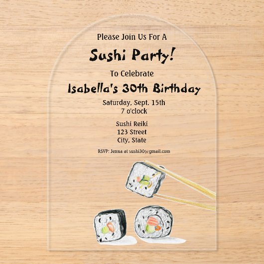 Sushi Rolls met chopstick party Acryl Uitnodigingen (Voorkant)