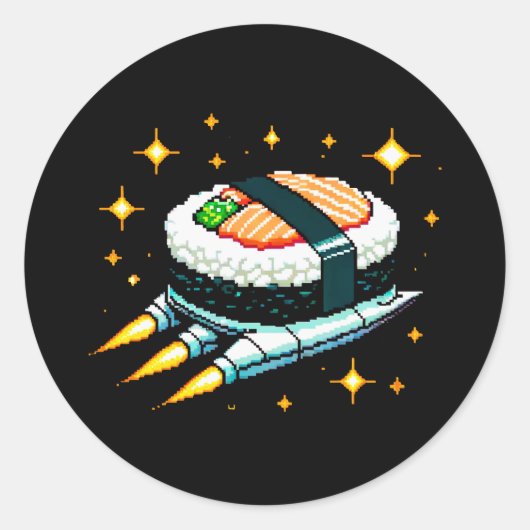 Sushi Ruimteschip Pixel Art Vliegende Sushi Roll O Ronde Sticker (Voorkant)