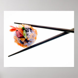 Sushi Shrimp Roll Black Chopsticks op White Japan Poster