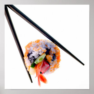 Sushi Shrimp Roll Black Chopsticks op White Japan Poster