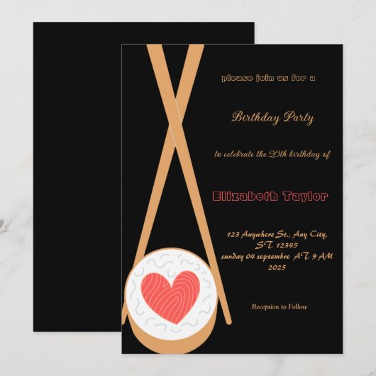 Sushi thema verjaardagsfeestje uitnodiging (Voorkant / Achterkant)