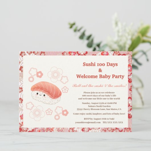 Sushi-Themed 100 Days Baby Celebration Invitation Kaart (Staand voorkant)