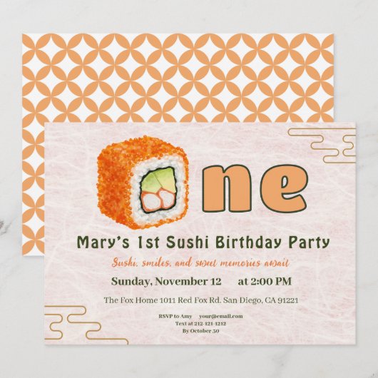 Sushi-Themed 1st Birthday Invitation Kaart (Voorkant / Achterkant)