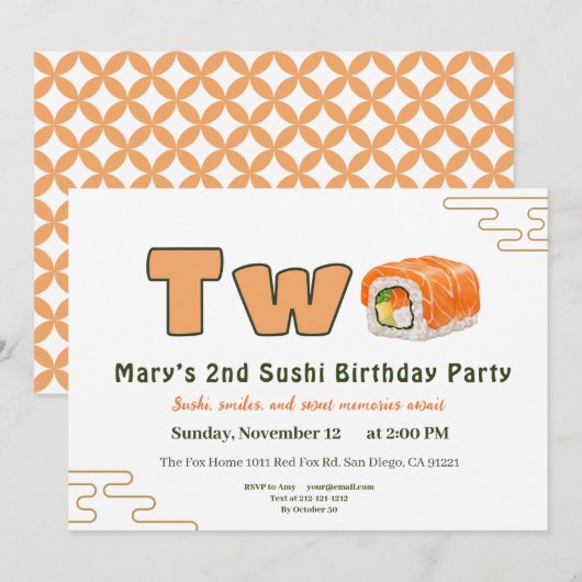 Sushi-Themed 2nd Birthday Invitation Kaart (Voorkant / Achterkant)