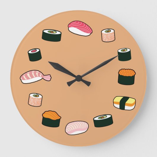 Sushi Time. Funky (Beige) Wall Clock Grote Klok (Voorkant)