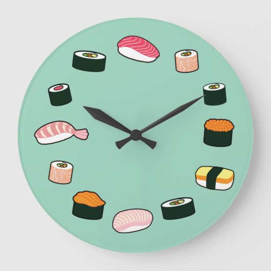 Sushi Time. Funky (Mint) Wall Clock Grote Klok (Voorkant)