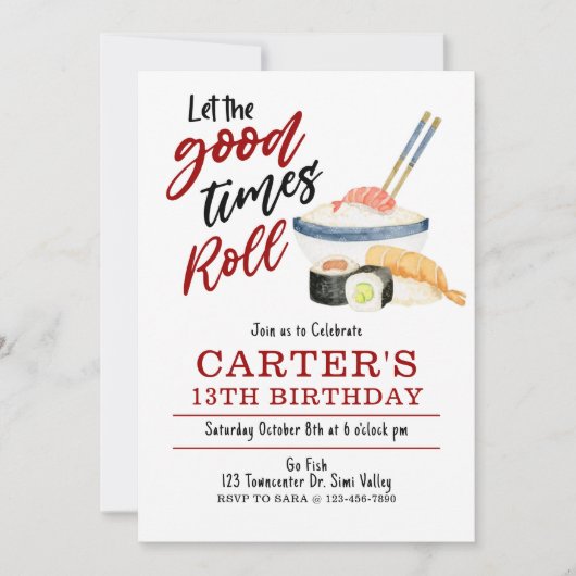 Sushi uitnodiging, laat de goede tijden rollen kaart (Voorkant)