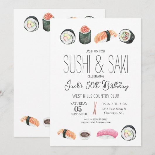 Sushi-uitnodiging, Sushi Birthday, Sushi & Saki Kaart (Voorkant / Achterkant)
