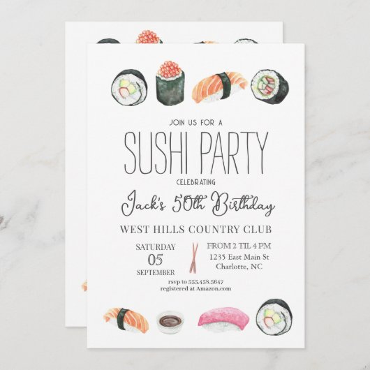 Sushi-uitnodiging, Sushi Birthday, Sushi & SaKi Kaart (Voorkant / Achterkant)