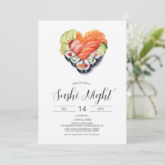 Sushi uitnodiging, Valentijnsdag, Verloving, Diner Kaart (Staand voorkant)