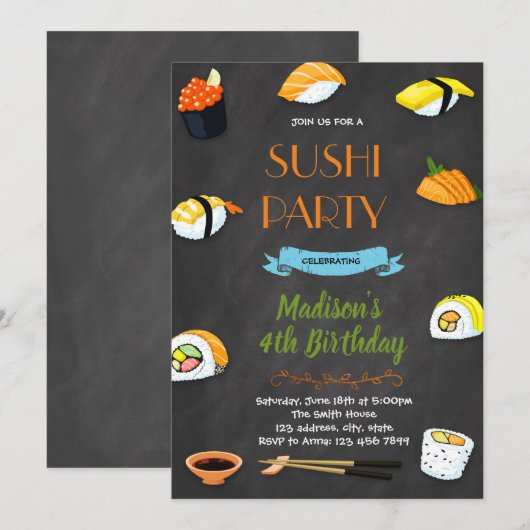 Sushi verjaardagsfeestje uitnodiging (Voorkant / Achterkant)