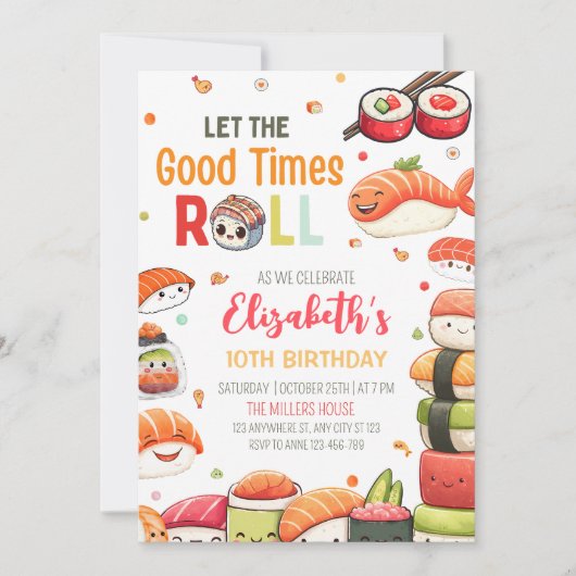 Sushi verjaardagsuitnodiging, Kawaii Sushi verjaar Kaart (Voorkant)