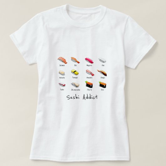 Sushi verslavende slogan schattig Japans eten T-shirt (Design voorkant)